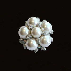 Faux White Pearl Silver and Crystal Brooch Pin